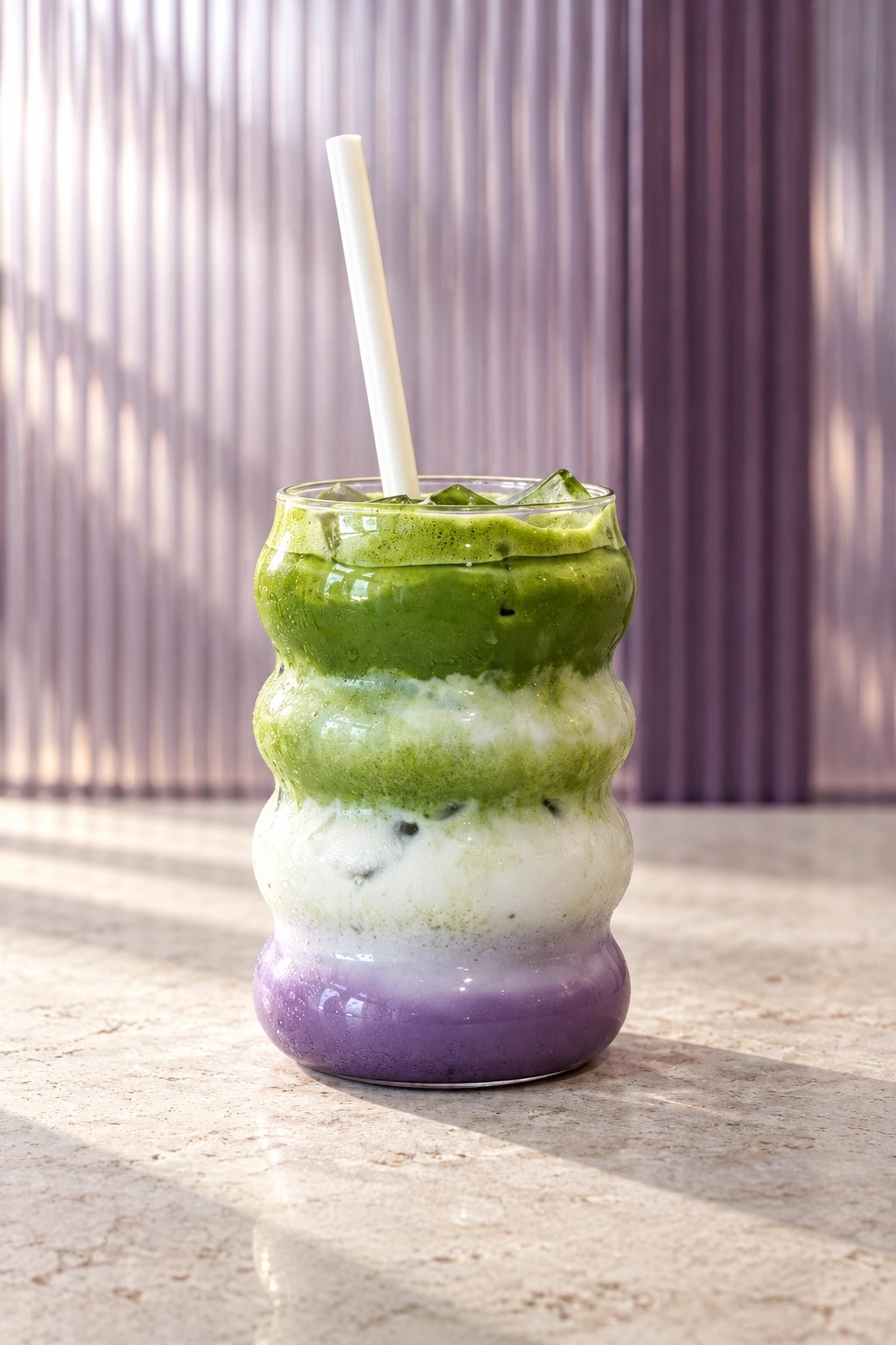 A layered green, white and purple iced drink in a wavy glass at The Purple Cafe