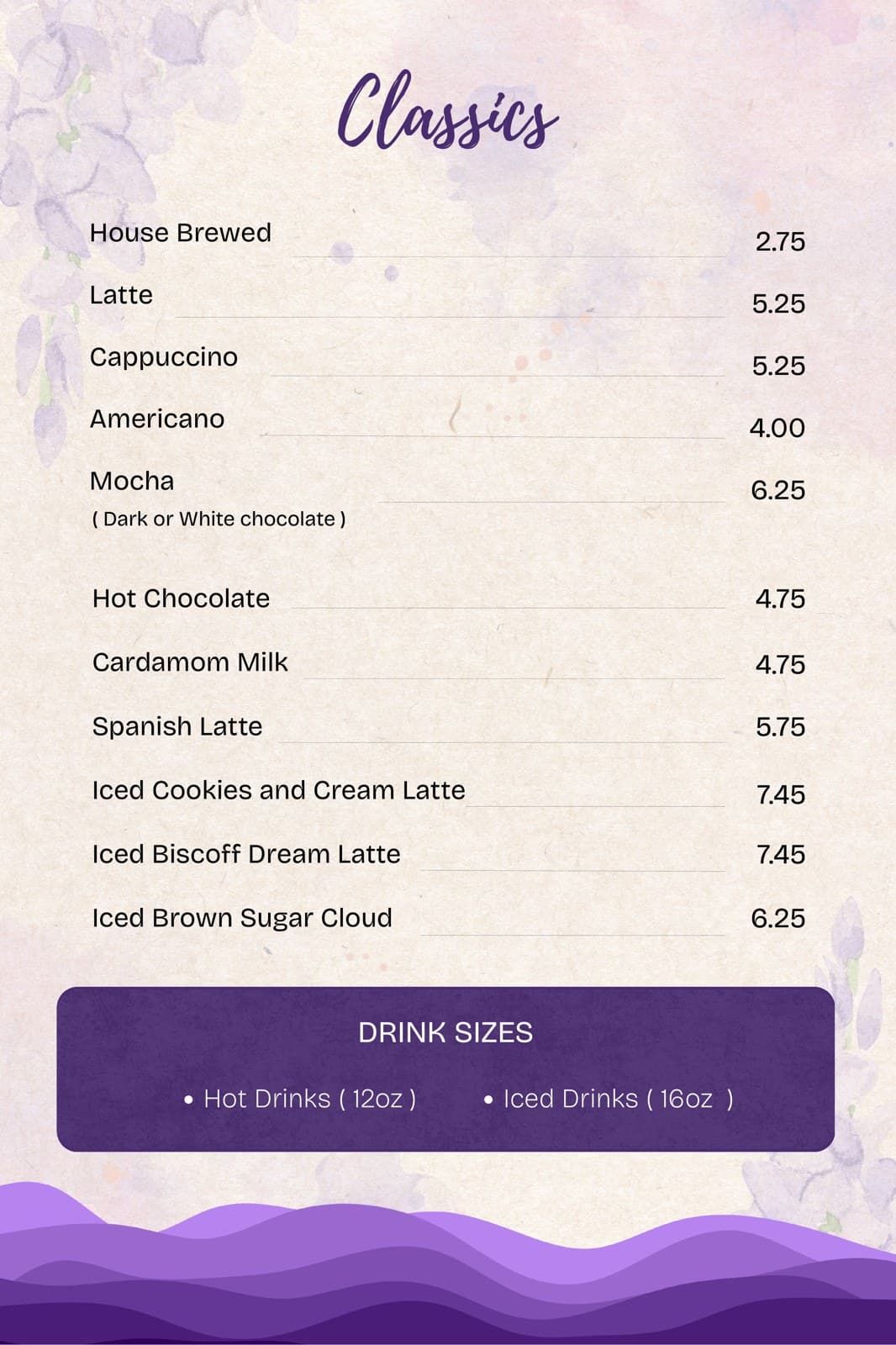 The Purple Cafe Classics menu board