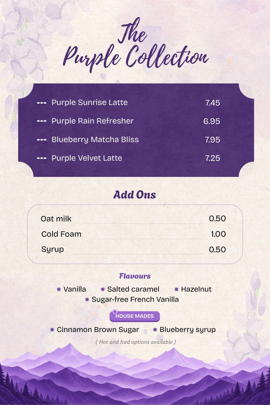 The Purple Collection menu board with add-ons and flavours