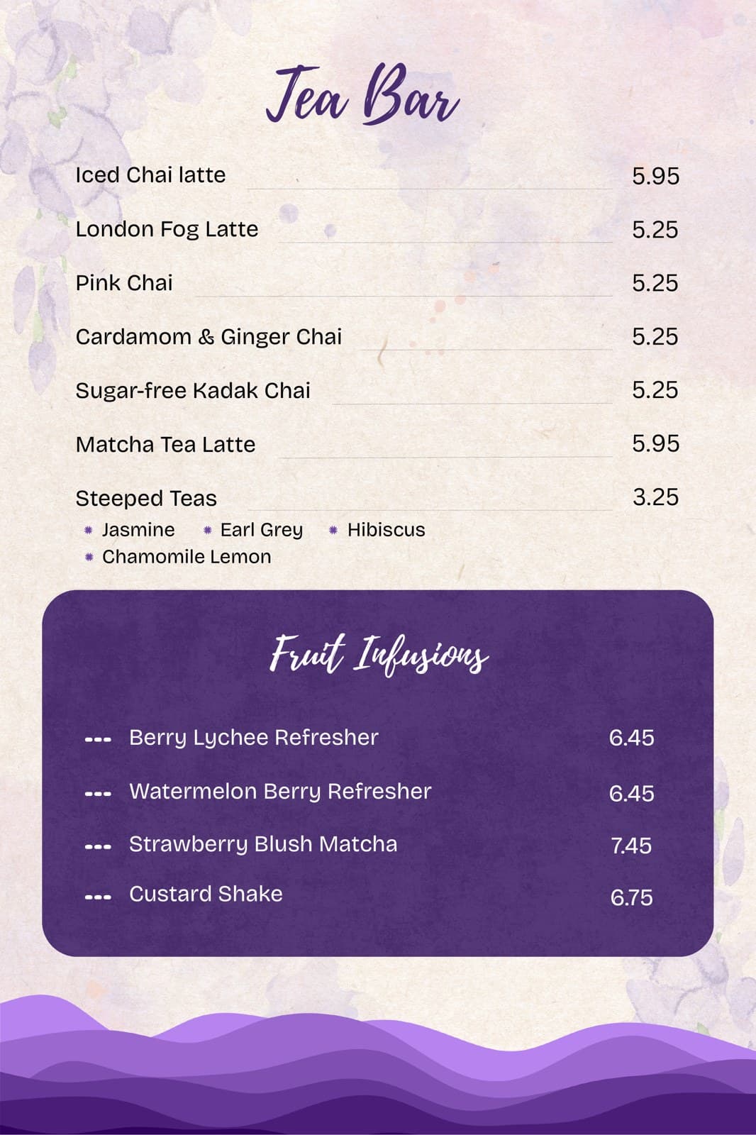 The Purple Cafe Tea Bar and Fruit Infusions menu board